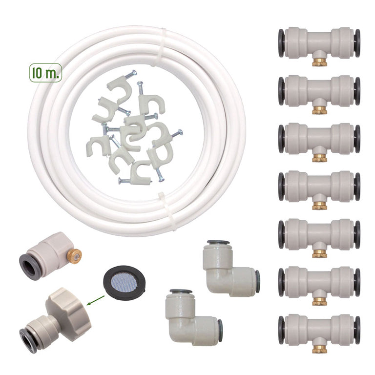 Contenido completo del kit de nebulización Drip & Fresh con tubería de 10m, toberas de latón y accesorios de conexión rápida.