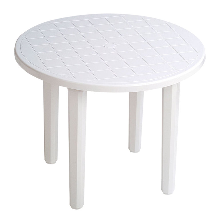 Mesa redonda de resina blanca Garden Life de 90 cm con patas extraíbles y protección UV para jardín