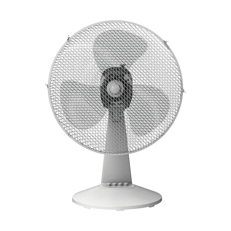 Vista frontal de ventilador Habitex SO40 blanco mostrando las aspas y el cabezal oscilante