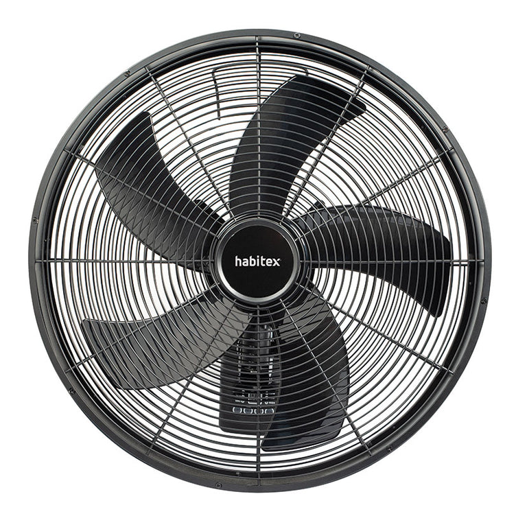 Vista frontal del ventilador de pared Habitex VTP-55 mostrando sus 5 aspas negras y diseño circular.