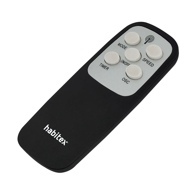 Mando a distancia ergonómico Habitex con botones de control para velocidad, temporizador y oscilación.
