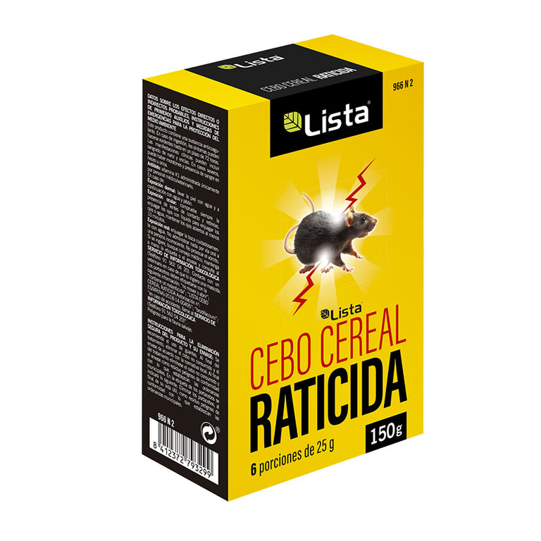 Caja de raticida en cebo cereal Lista 150g con 6 porciones de 25g para control de ratas y ratones