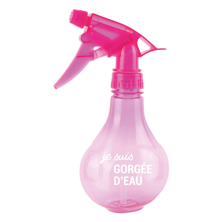 Pulverizador de plástico rosa translúcido de 330ml ideal para riego de plantas y limpieza doméstica.