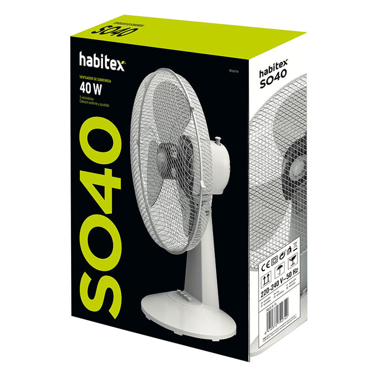 Caja de embalaje del ventilador Habitex SO40 con especificaciones técnicas de 40W