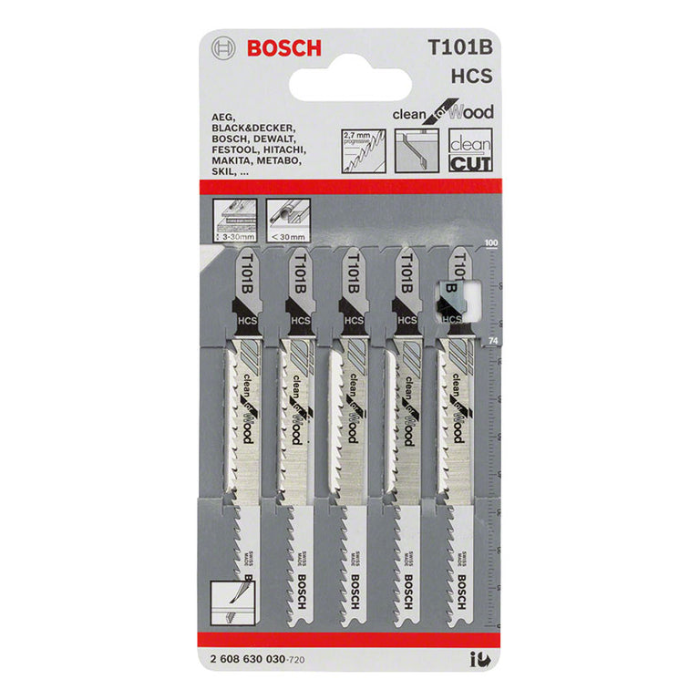Blíster de 5 hojas de sierra de calar Bosch T101 B Clean for Wood para cortes limpios en madera