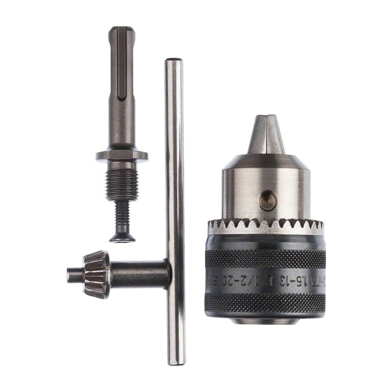 Kit portabrocas Bosch 1.5-13mm con adaptador SDS plus y llave de apriete sobre fondo blanco