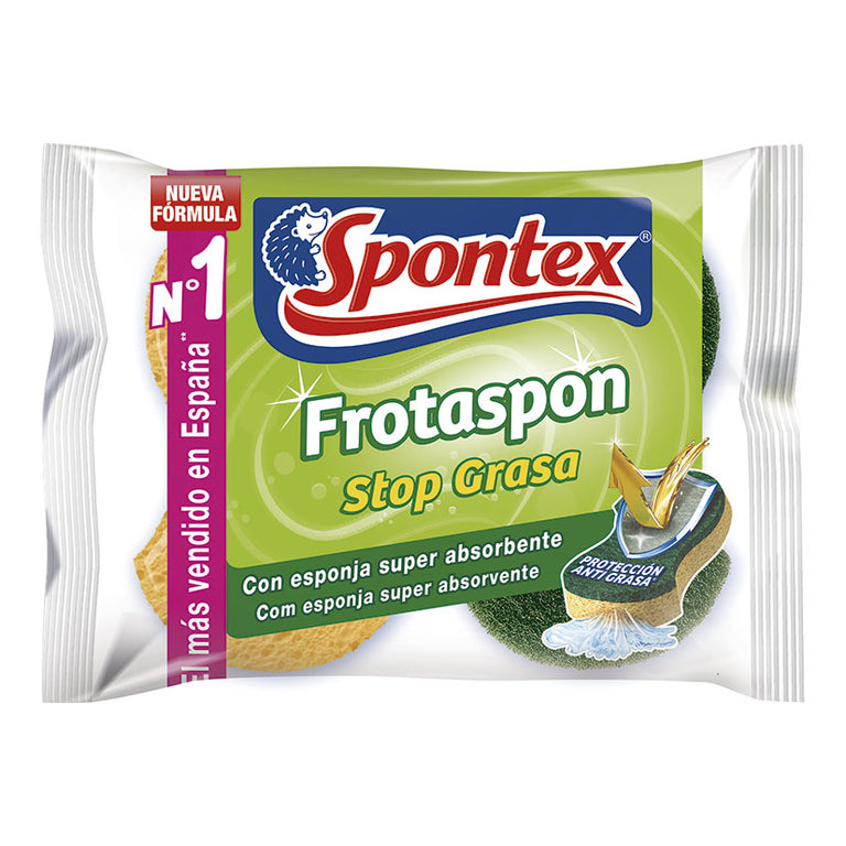 Pack de 2 estropajos Spontex Frotaspon Stop Grasa con fibra verde desincrustante y esponja amarilla absorbente