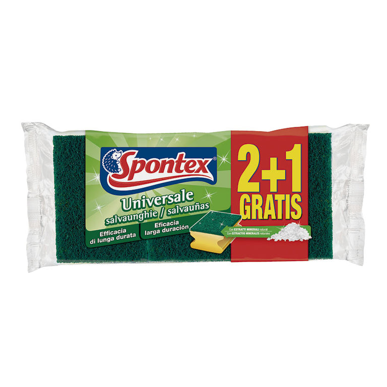Pack de 3 estropajos Spontex Salvauñas Universale verdes y amarillos con tratamiento antibacterias y diseño ergonómico.