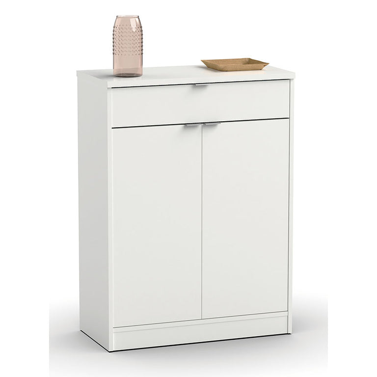 Zapatero Berlín blanco de dos puertas y un cajón con diseño minimalista para recibidor.