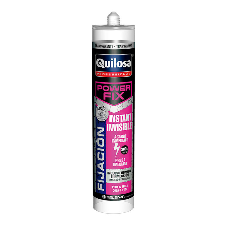 Cartucho de adhesivo transparente Quilosa Power Fix Instant Invisible de 290ml, tecnología MS Hybrid de agarre inmediato.