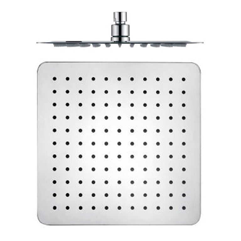 Rociador de ducha cromado ORFESA 25x25 cm vista frontal y lateral con conexión 1/2 pulgada