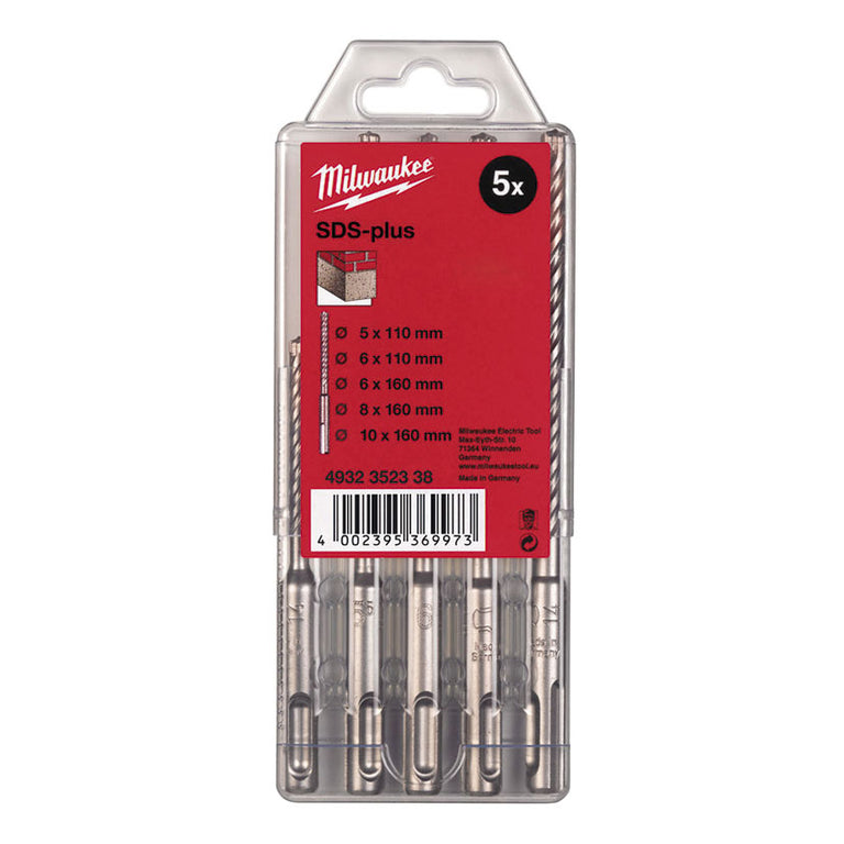 Estuche de 5 brocas Milwaukee SDS-Plus M2 con medidas de 5mm a 10mm para hormigón y piedra.