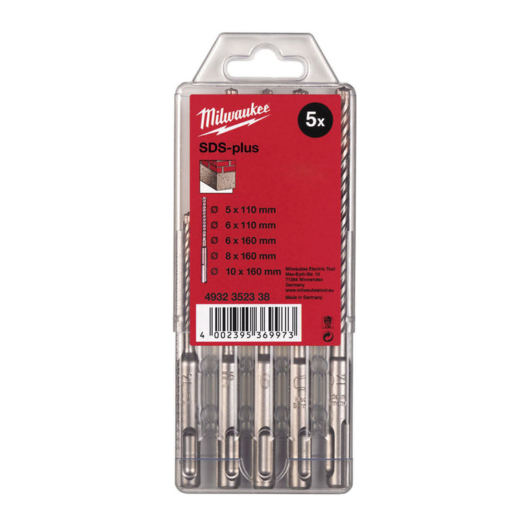 Set de brocas Milwaukee SDS-Plus M2 en contenedor de plástico transparente con especificaciones técnicas visibles.