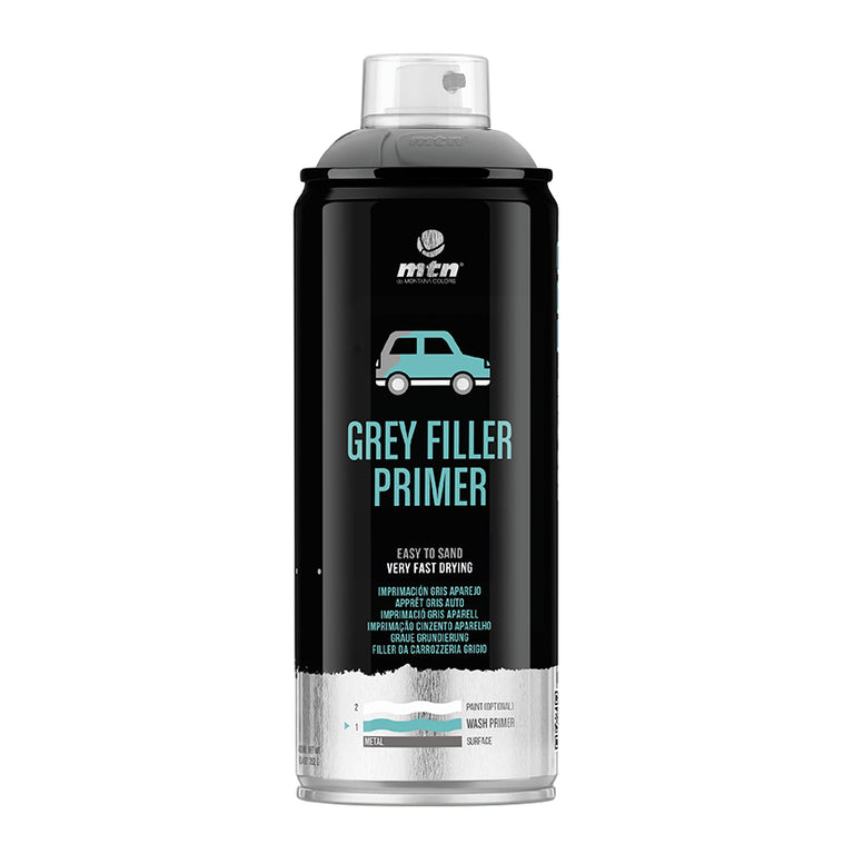 Bote de spray MTN PRO Grey Filler Primer de 400ml, imprimación gris aparejo de alto espesor para automoción.