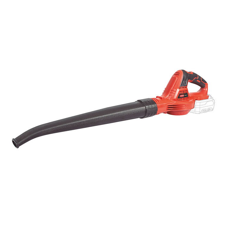 Soplador a batería RATIO R-S20-B de 18V con cuerpo rojo y tubo de soplado negro de 60 cm.