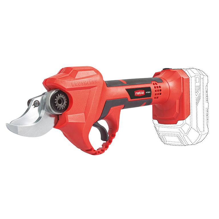 Tijera de poda a batería RATIO R-T20-B 18V roja con motor Brushless y empuñadura ergonómica.
