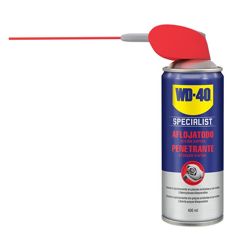 Bote de aflojatodo WD-40 Specialist con cánula de precisión extendida para aplicación directa en piezas oxidadas.