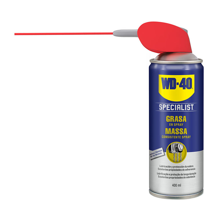 Grasa en Spray WD-40 Specialist con cánula Smart Straw desplegada para aplicación de precisión en mecanismos.