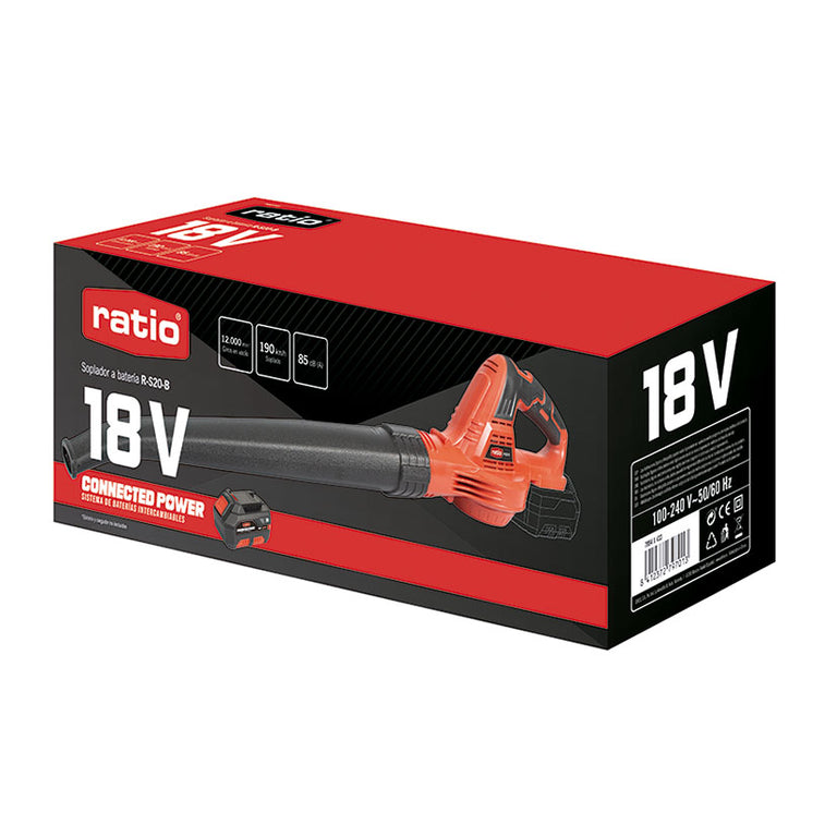Caja del producto soplador RATIO R-S20-B destacando potencia de 18V y velocidad de 190 km/h.