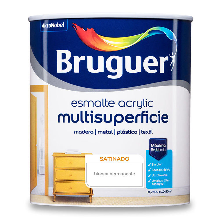 Bote de esmalte acrílico Bruguer Multisuperficie satinado blanco permanente de 750 ml para madera metal y plástico