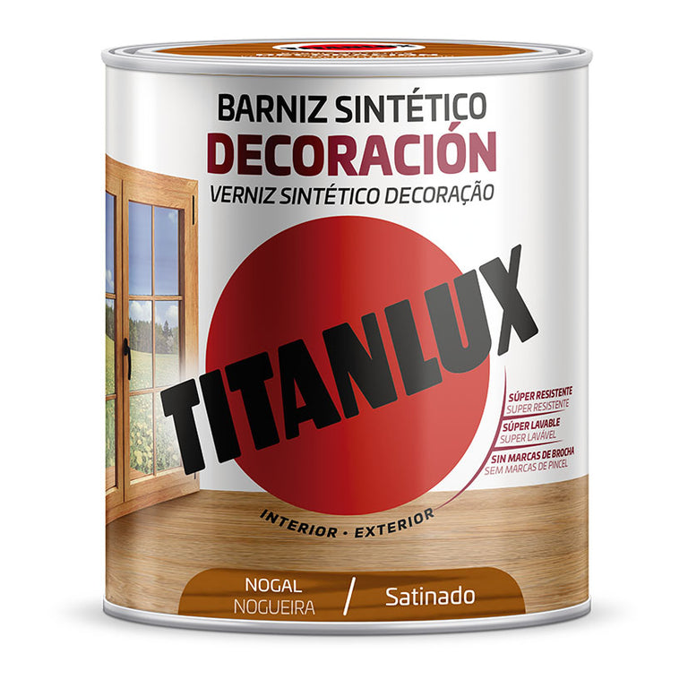 Barniz para madera TITANLUX Decoración color Nogal satinado, alta resistencia y lavable.