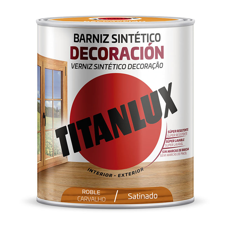 Bote de barniz sintético TITANLUX Decoración color Roble acabado satinado para interior y exterior.