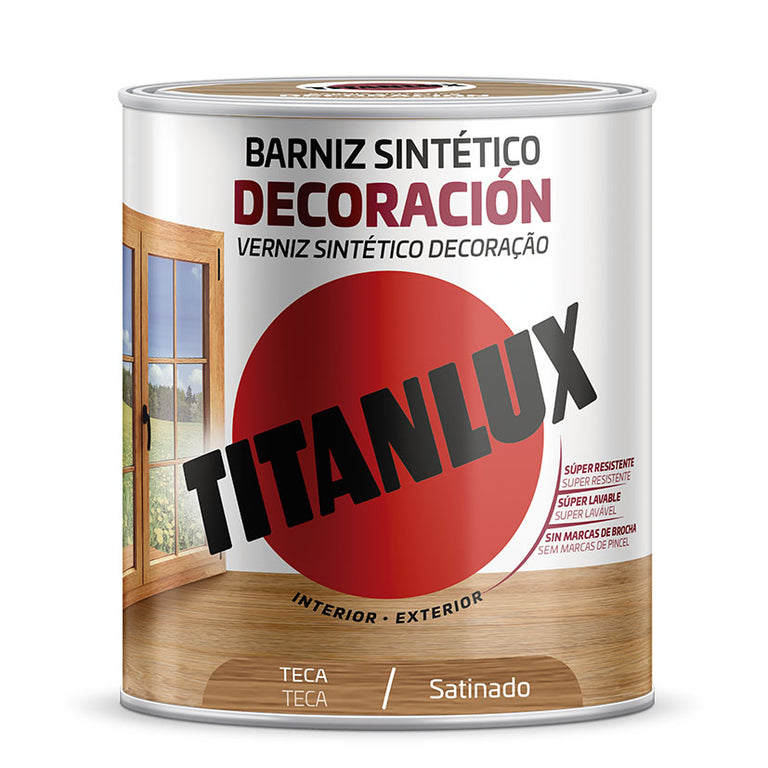 Envase de barniz TITANLUX Decoración color Teca satinado, tecnología de altos sólidos sin marcas de brocha.
