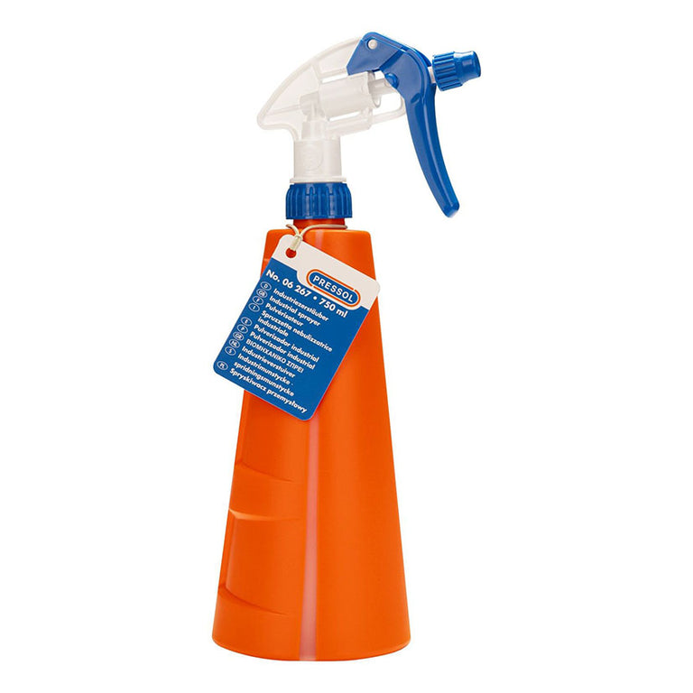 Pulverizador industrial Pressol PE 750ml naranja con boquilla azul ajustable para productos químicos y disolventes.