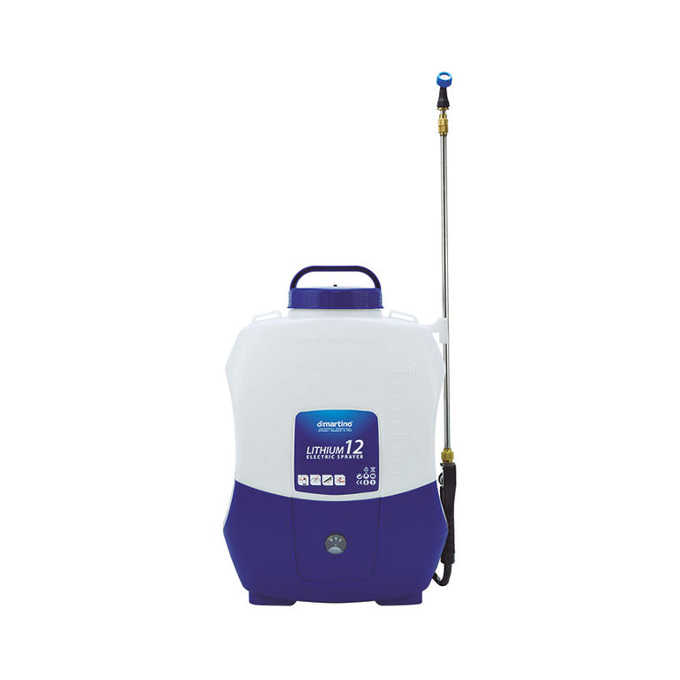 Pulverizador eléctrico DiMartino Lithium 12 de mochila con lanza de acero y depósito blanco de 12 litros.