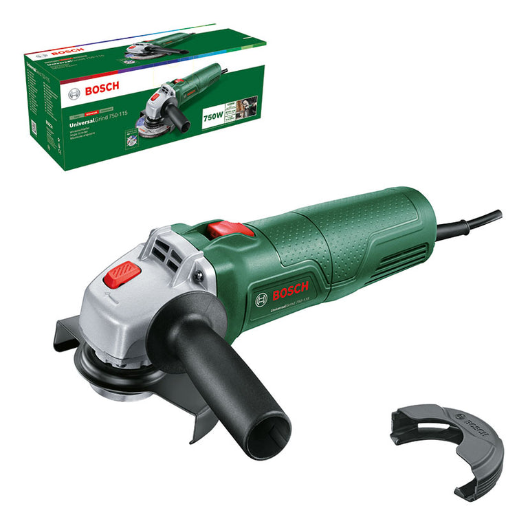 Amoladora angular Bosch UniversalGrind 750-115 de 750W con empuñadura auxiliar y protector de disco