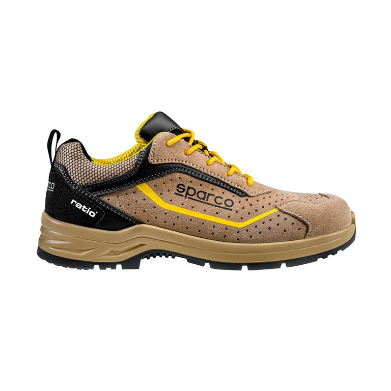 Zapato de seguridad RATIO by Sparco Sahara en piel velour perforada marrón con detalles amarillos y negros.
