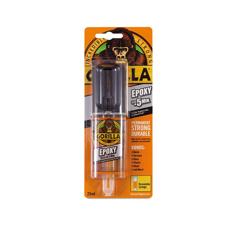 Adhesivo epoxy Gorilla 25ml en jeringa de doble componente para reparaciones de alta resistencia y secado rápido