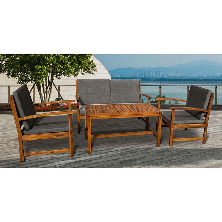 Conjunto de muebles de jardín Vietnam en madera de acacia con sofá de dos plazas, dos sillones y mesa de centro con cojines grises