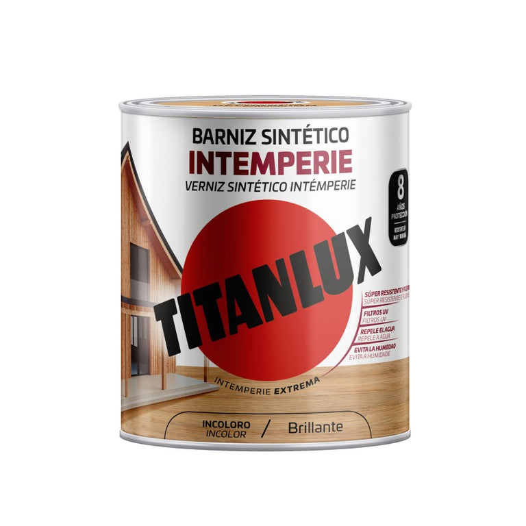 Bote de barniz sintético TITANLUX Intemperie incoloro brillante de 750ml para madera exterior