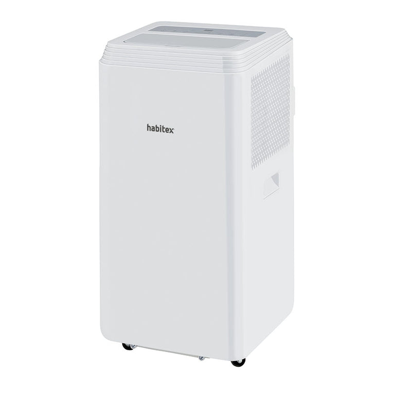 Aire acondicionado portátil Habitex AC12000 blanco con ruedas de transporte y panel digital superior.