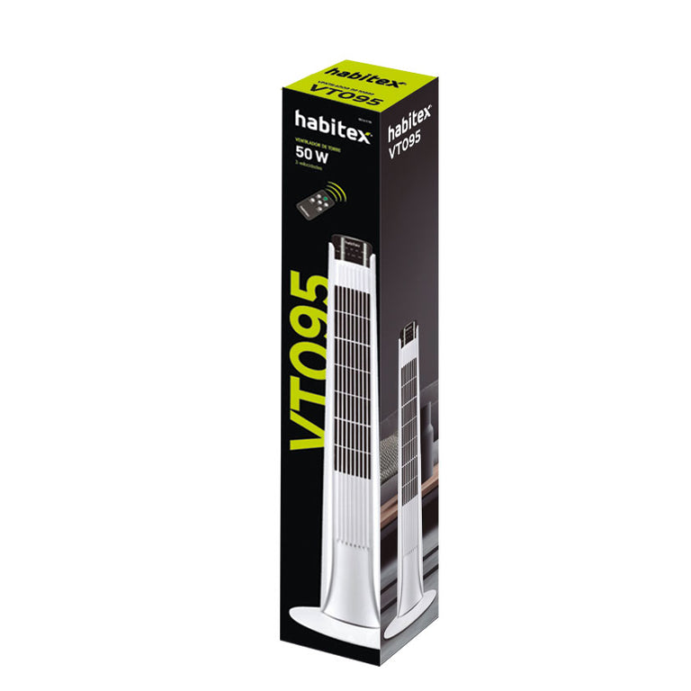 Caja del ventilador de torre Habitex VT095 de 50W con especificaciones técnicas visibles