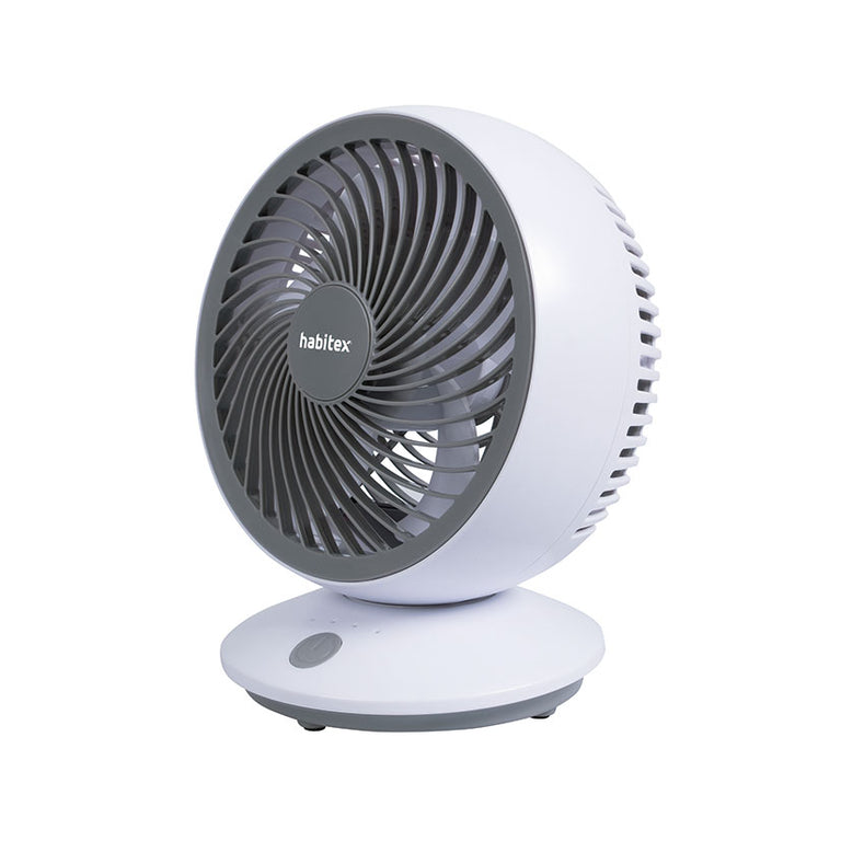 Mini ventilador de sobremesa Habitex VM-02 en color blanco y gris con base circular