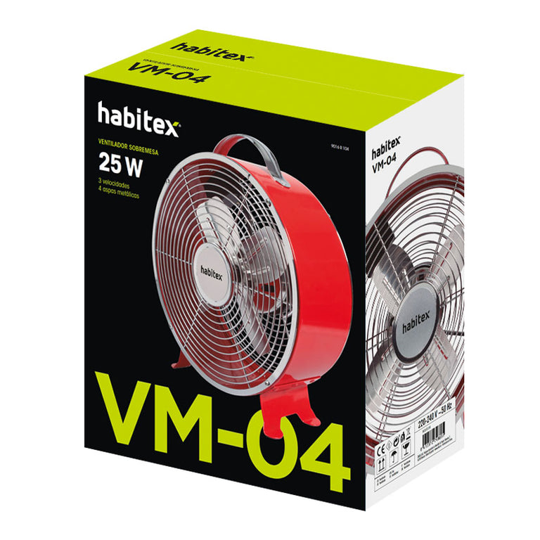 Embalaje original del ventilador Habitex VM-04 con características técnicas visibles.
