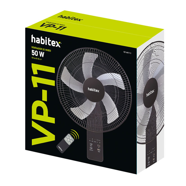 Caja de embalaje del ventilador de pared Habitex VP-11 de 50W con especificaciones técnicas