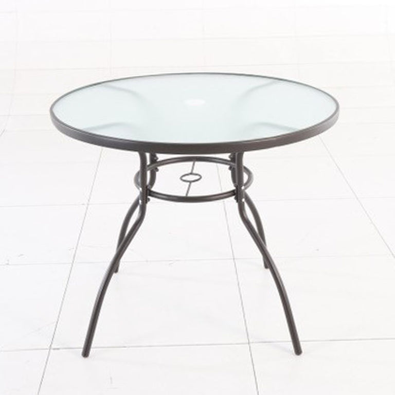 Mesa redonda de exterior Basic con sobre de cristal templado y estructura metálica gris