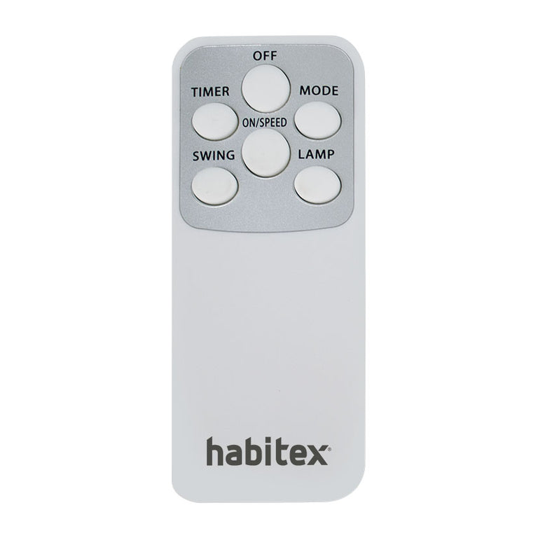 Mando a distancia para ventilador Habitex con botones de encendido, velocidad, temporizador y oscilación.