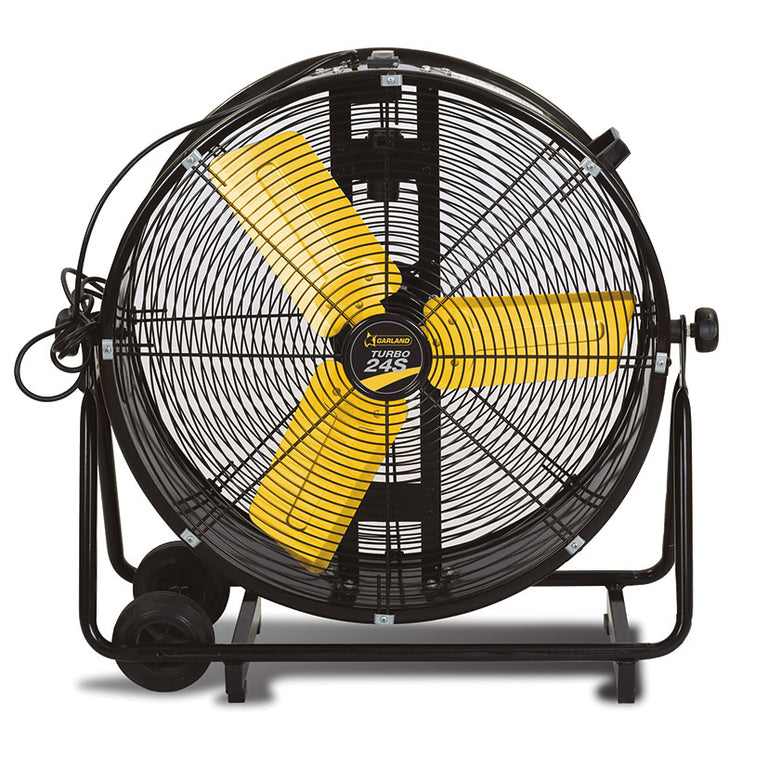 Ventilador industrial Garland Turbo 24S de 260W con aspas amarillas y estructura metálica negra