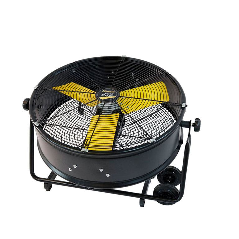 Vista superior del ventilador de suelo Garland Turbo 24S mostrando el cabezal orientable y rejilla de seguridad