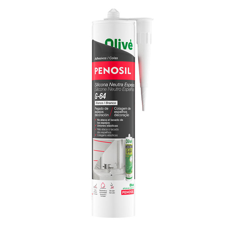 Cartucho de silicona neutra PENOSIL G-64 blanca de 300ml especial para pegado de espejos y decoración.