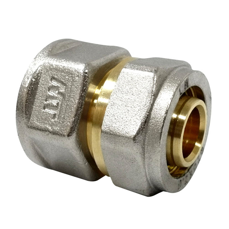 Racor recto hembra de compresión MT para tubería multicapa y PEX en latón niquelado con juntas EPDM