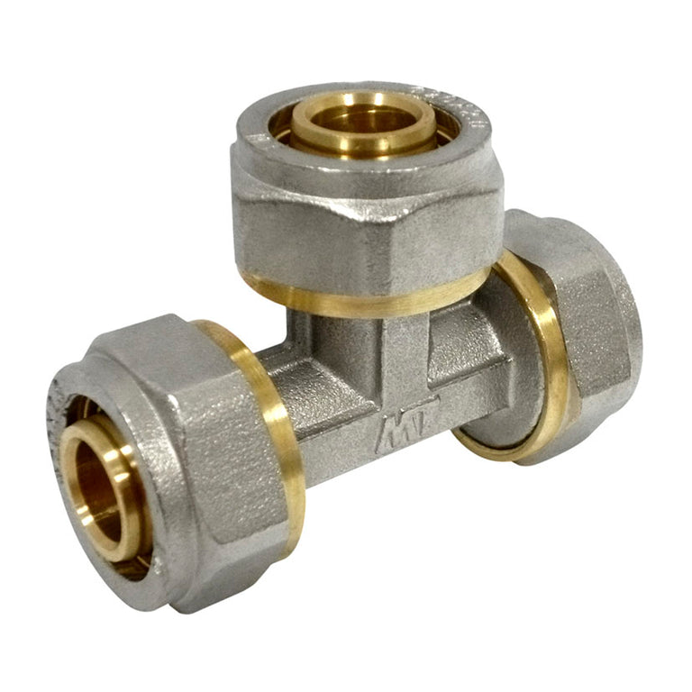 Racor Te de compresión MT en latón para unión de tuberías multicapa y PEX con juntas EPDM.