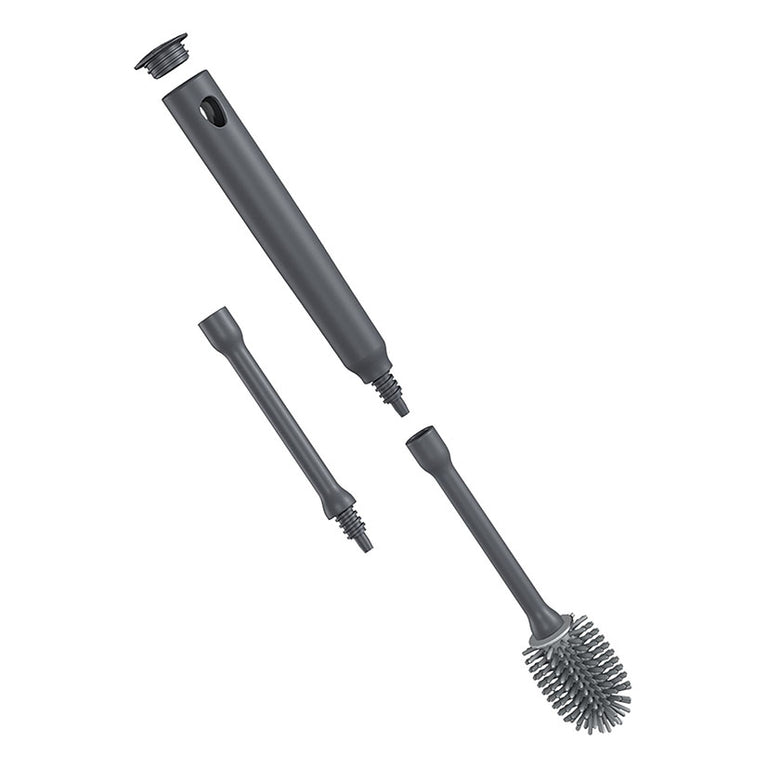 Componentes desmontables del cepillo limpiabotellas Metaltex mostrando sistema de rosca ajustable.