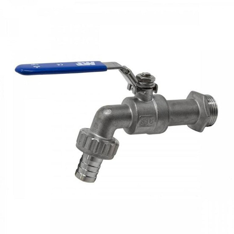 Grifo de jardín MT de esfera 1/2 pulgada con palanca azul de acero inoxidable y adaptador de manguera