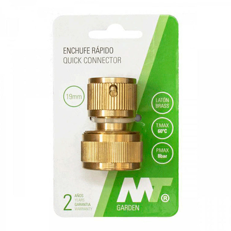 Blíster de enchufe rápido MT Garden de latón, especificaciones técnicas de 8 bar y 60 grados centígrados.