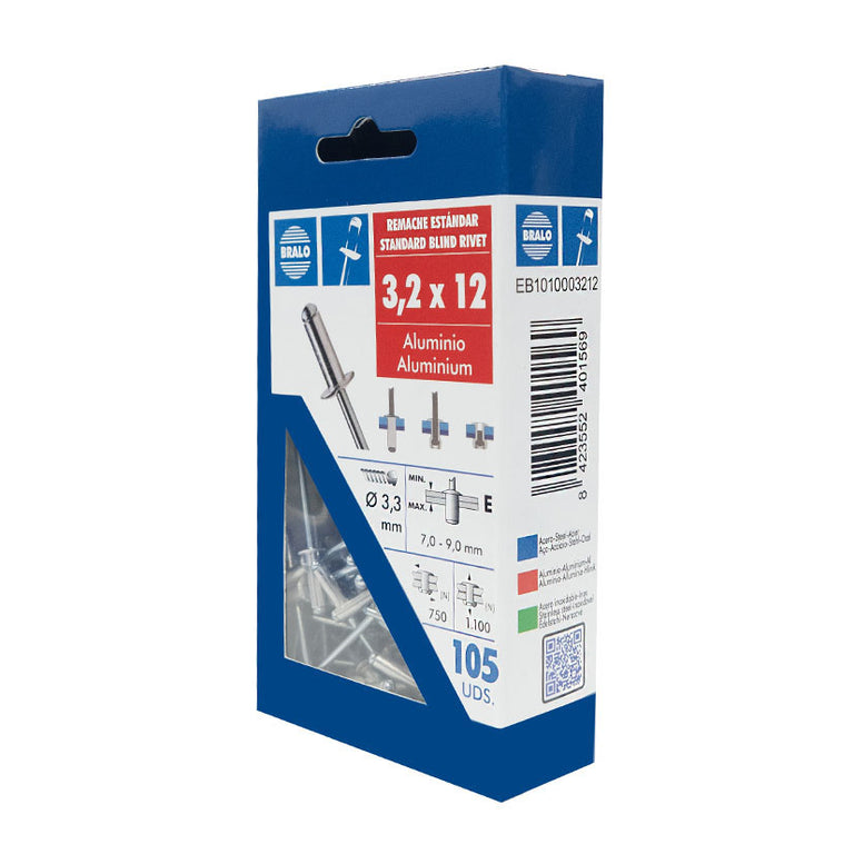 Pack de remaches BRALO 3,2 x 12 mm en envase Ecoblister con especificaciones